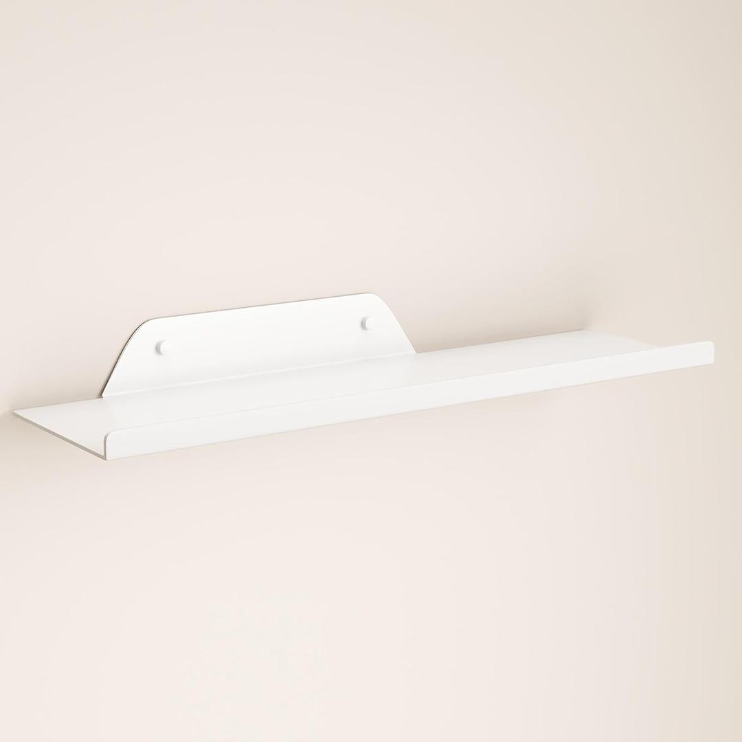 Floating Shelf for Wall, Off Center Metal Shelf for Decor, Modern Wall Shelf for Storage with Lip, Hanging Shelf for Living Room Bedroom Bathroom Kitchen Plants(White, 12")