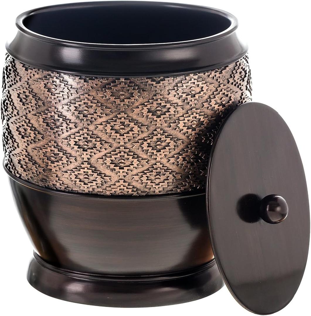 Creative Scents Dublin Brown Small Trash Can with Lid 1.26 Gal / 4.8L - Decorative Oval Waste Basket, Durable Resin Slim Bathroom Covered Garbage Can Wastebasket Bin for Diaper/Paper