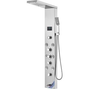 VEVOR Shower Panel, 6 Shower Modes, LED & Screen Hydroelectricity Shower Tower Panel System, Rainfall, Waterfall, 8 Massage Jets, Tub Spout, Handheld Shower, Stainless Steel Wall-Mounted Shower Set