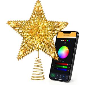 Gold Christmas Tree Topper Star, 9" Smart LED 3D Metal Hollow Star with APP and Remote Control, 15 LEDs RGB Color Changing Light, 80 Lighting Modes, 16 Million Colors for Holiday Christmas Decorations