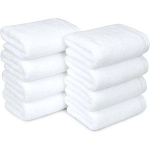 Amazon Basics 100% Cotton Soft, Quick-Dry Absorbent Hand Towels, 8-Pack, White, 28" x 16
