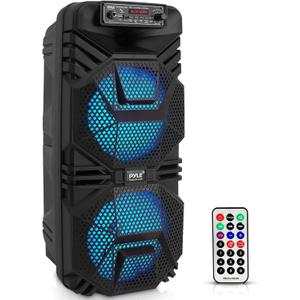 Pyle Portable Bluetooth PA Speaker System, 600W Rechargeable Outdoor Bluetooth Speaker Portable PA System with Dual 8” Subwoofer 1” Tweeter, Microphone in, Party Lights, USB, Radio, Remote