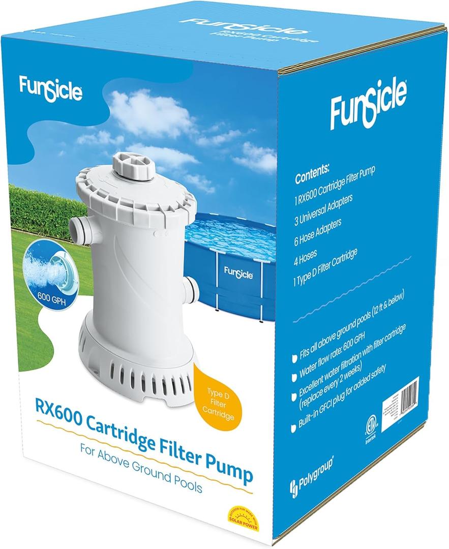 Funsicle: RX600 Cartridge Filter Pump - for Above Ground Swimming Pools Up to 12 Feet, Type D Filter Cartridge, 600 GPH