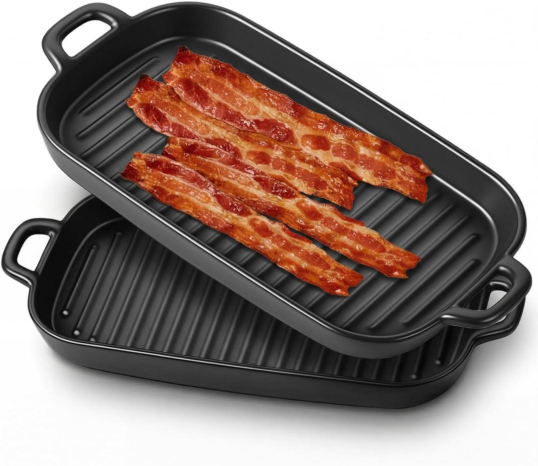 2 Pcs Microwave Bacon Tray Ceramic Microwave Bacon Cooker for Oven Upgraded Square Baking Tray with Handle for Home Kitchen Breakfast Dishwasher 11.6" x 6"(Black)