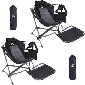 Nice C Hammock Camping Chair, Camping Chair Rocker, Swinging Chair, High Back with Stand, Cup Holder, Side Pocket, Heavy Duty (2, Black w/footrest)