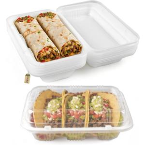 50PK Street Taco Holders, Disposable Taco Holders Box with Lids, 2-Burrito Clamshell Box BPA Free for Taco Bar Supplies, Microwave Safe 3 Dividers Dust-Proof Taco Plates
