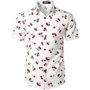 JOGAL Men's Cotton Button Down Short Sleeve Hawaiian Shirt (White, 3X-Large)