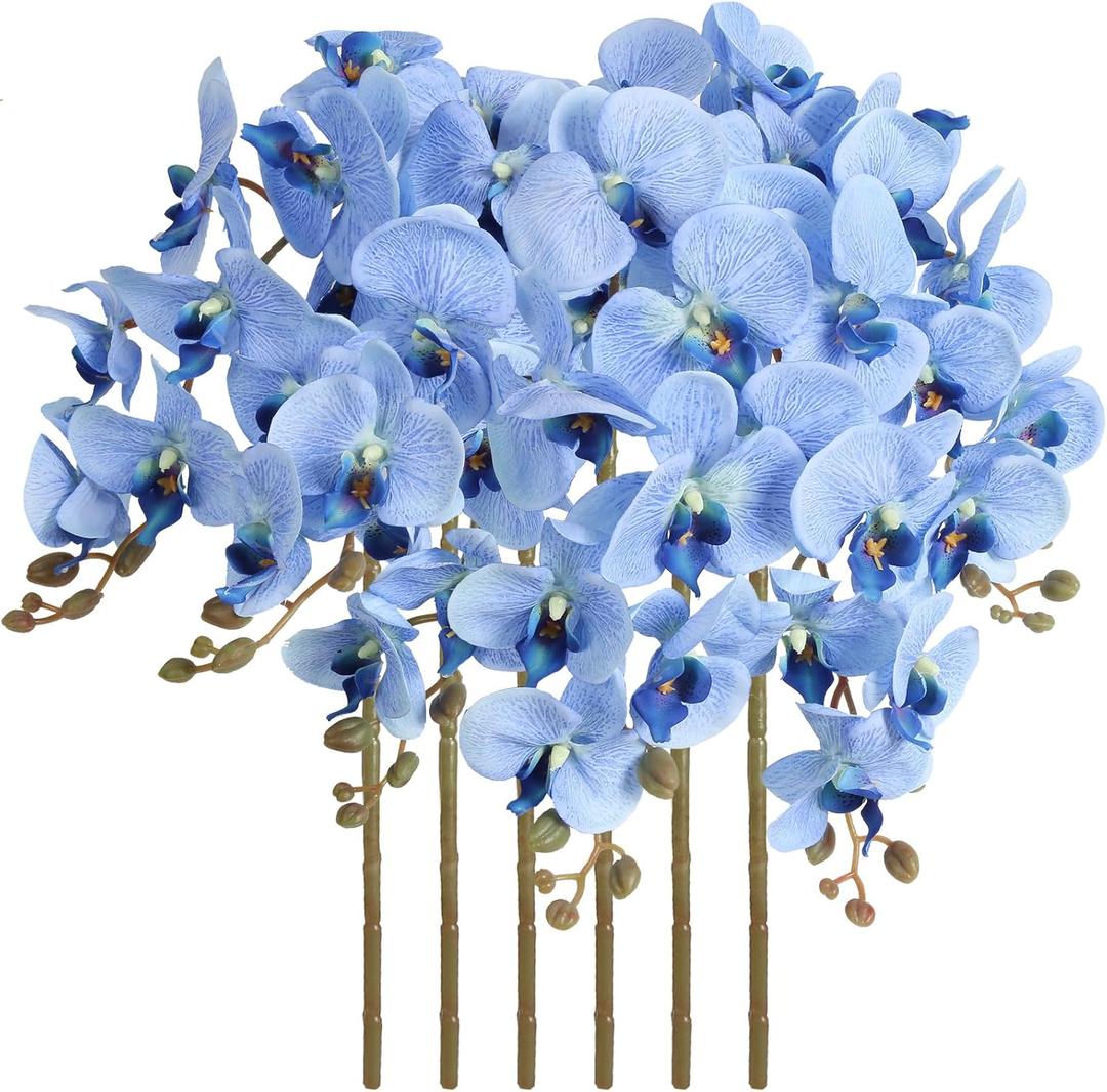 38 Inch 6 PCS Faux Orchid Fake Orchid Velvet Artificial Orchids Blue Orchid Artificial Flowers Long Stem Artificial Flowers for Tall Vase for Home Wedding Decoration (Blue)