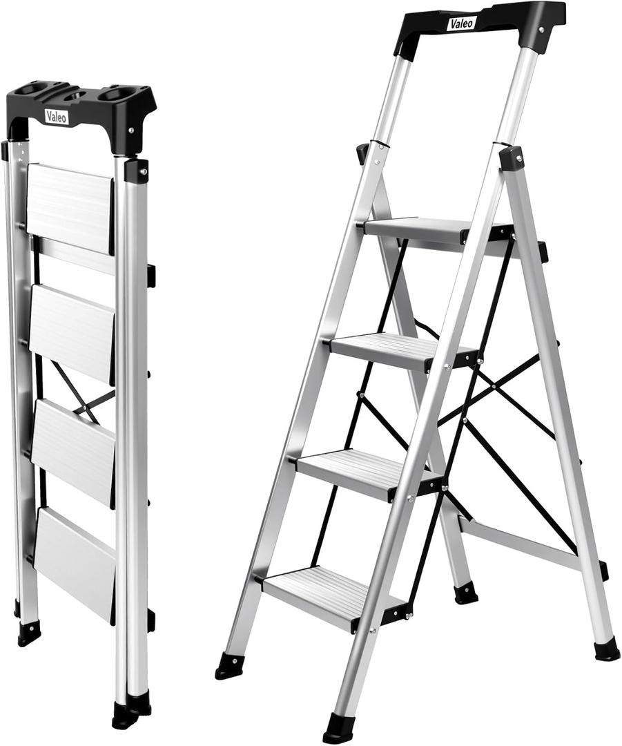 Valeo 4 Step Ladder, Aluminum Folding Step Ladder with Retractable Handgrip