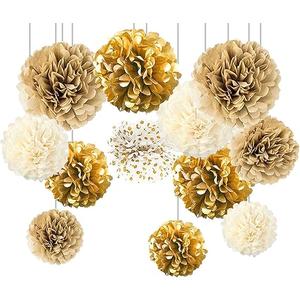CC wonderland zone 12pcs Gold Gradient Tissue Paper Pompoms,Gold Dot White Hanging Paper Pom Poms for Wedding Birthday Party Deco