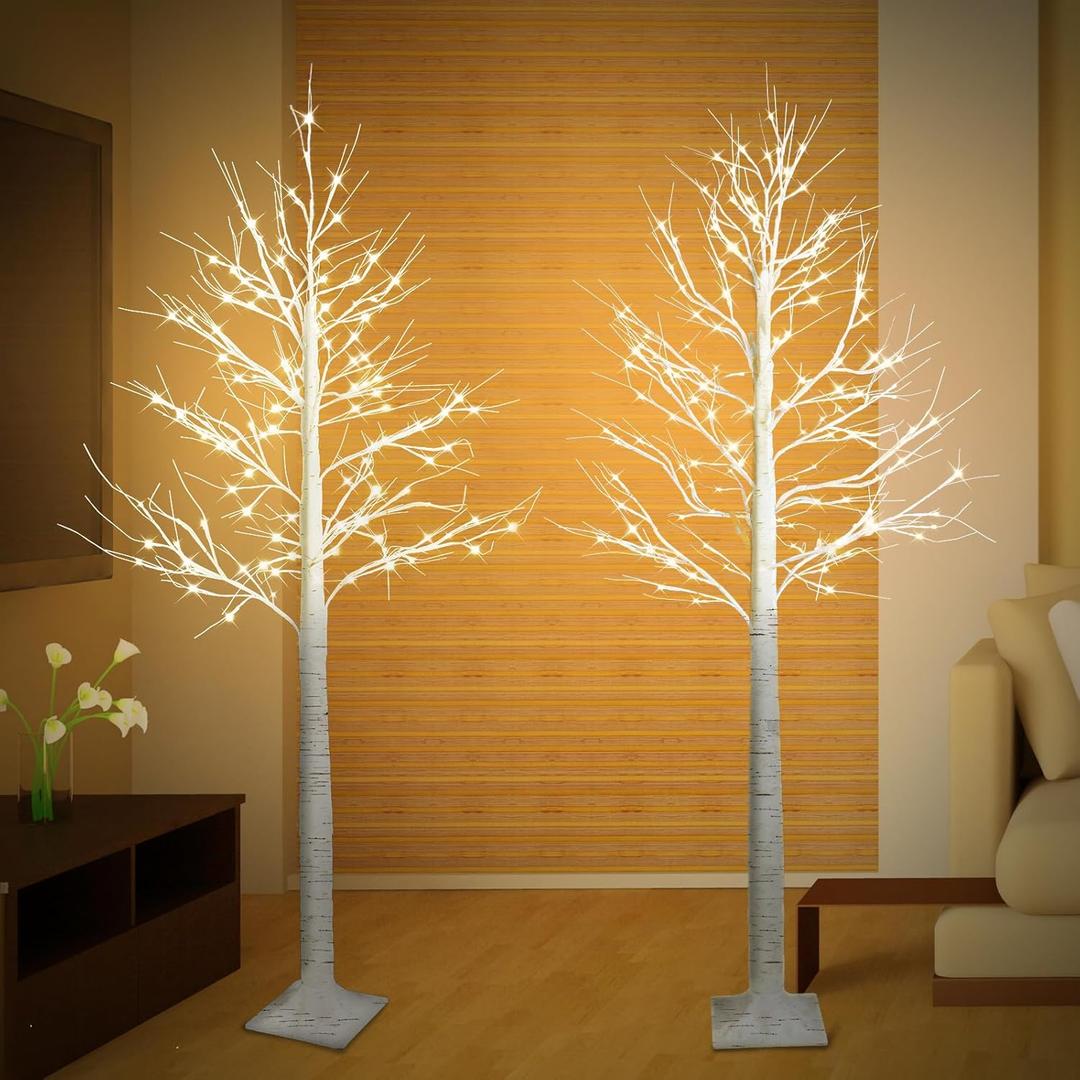 2 Pack 6FT Lighted Birch Tree, Prelit Artificial Christmas Tree with 120 LED Lights, White Tree with Timer, Indoor Outdoor Christmas Decorations for Home, Yard, Party, Wedding Holiday Decor