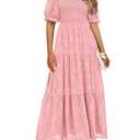 PRETTYGARDEN Women's 2026 Summer Casual Midi Dresses Square Neck Short Sleeve Smocked A Line Floral Flowy Elegant Boho Dress (Pink,Medium)