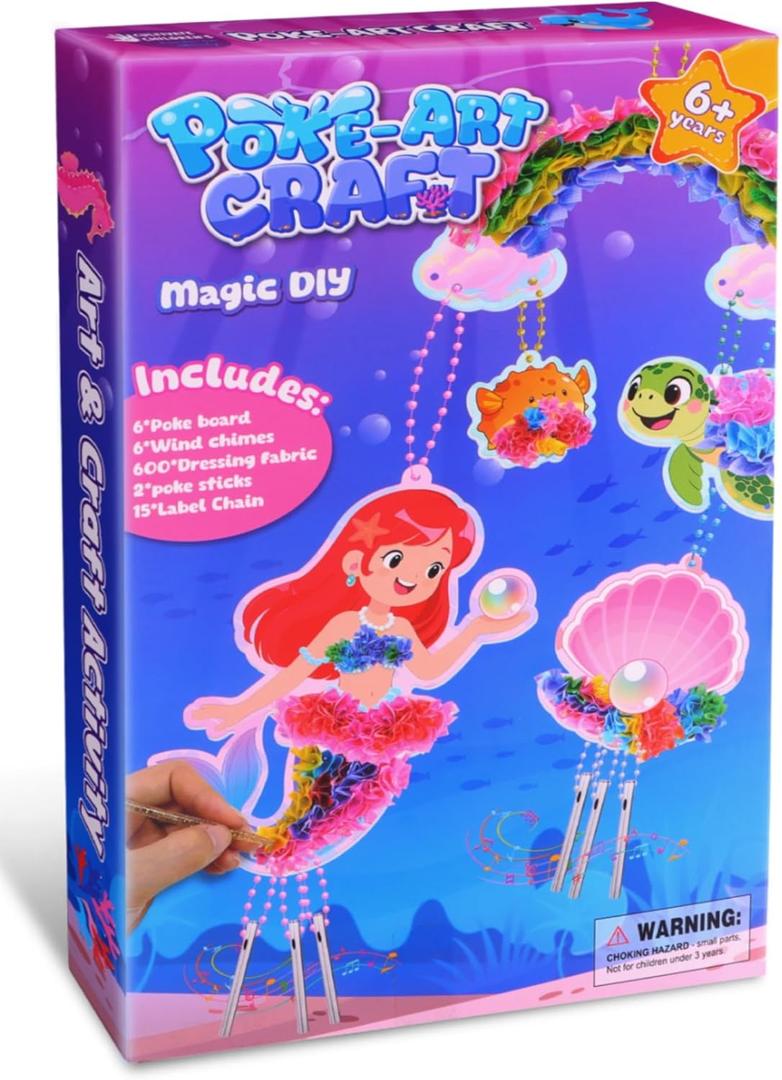 2 x Ancitoy Ocean Mermaid Poke Art Wind Chime Craft Kit  DIY Arts and Crafts for Kids Ages 4-9, Mess-Free Fabric Art Activity, Creative Birthday Gift for Girls and Boys