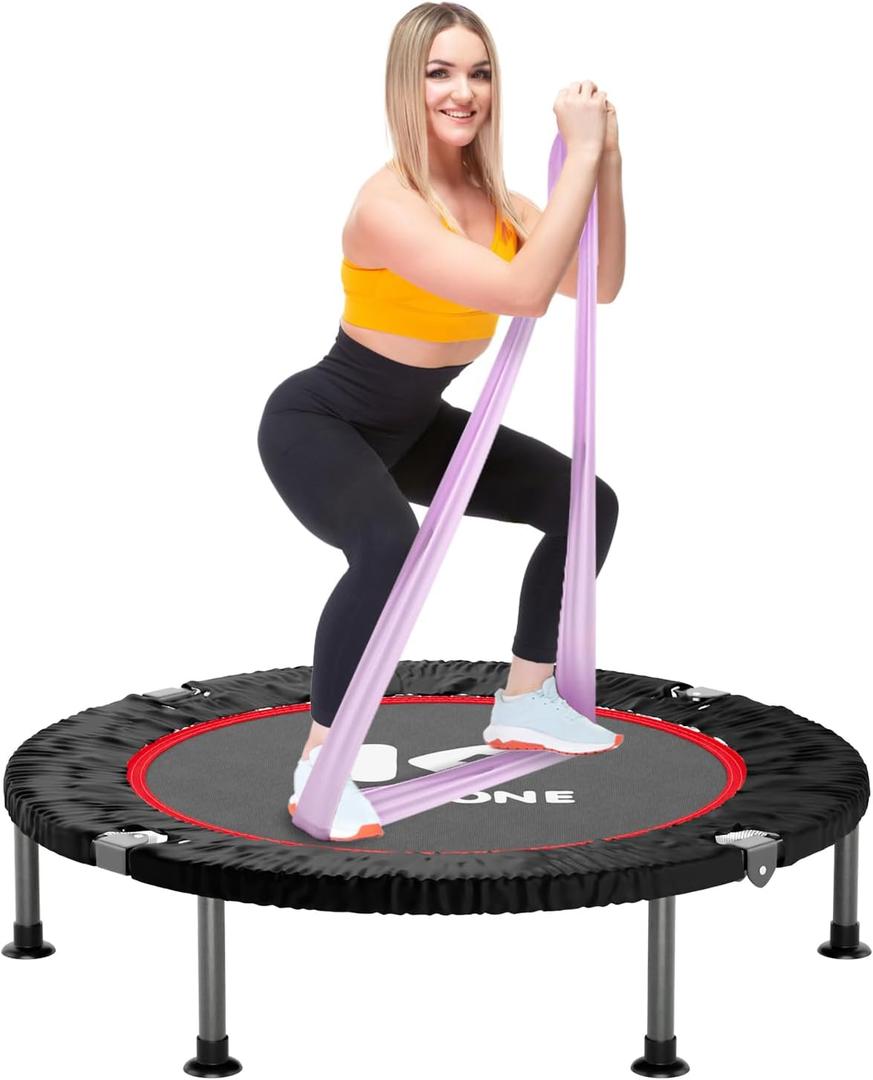 K KENSONE 40" Mini Flodable Spring Rebounder Trampoline for Adults, Small Exercise Trampoline for Indoor Workout and Fitness, Purple Resistance Band Included, Max Load 330 LBS