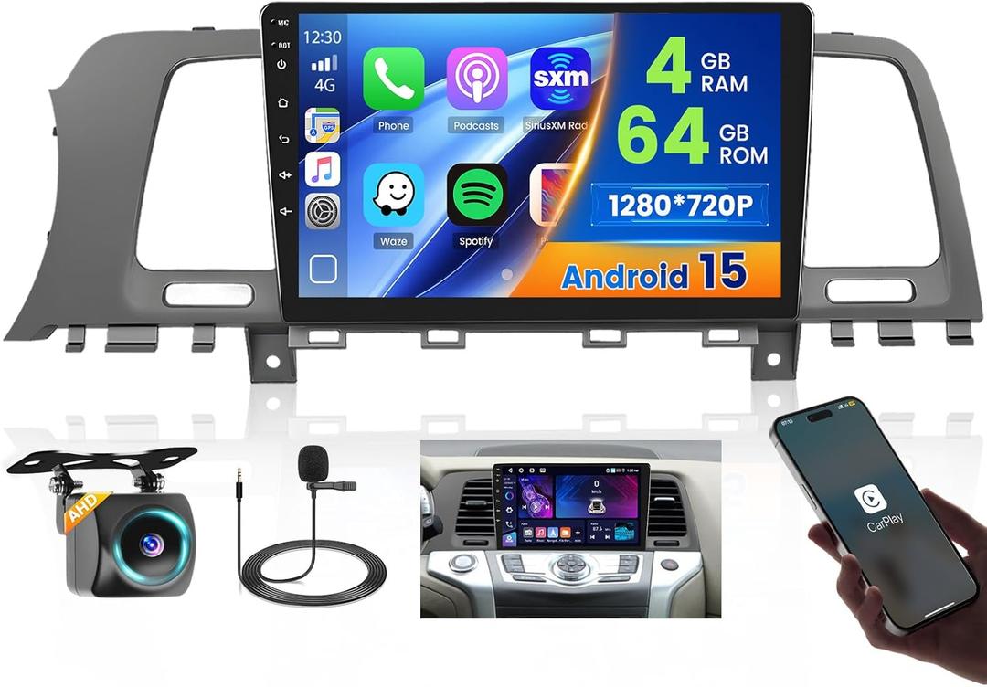 4+64G Car Stereo Radio for Nissan Murano 2008 2009 2010 2011 2012 2013 2014 Radio, 9 Inch Touch Screen for Murano Car Stereo with Wireless Carplay Android Auto Bluetooth FM 32EQ GPS WiFi Backup Camera
