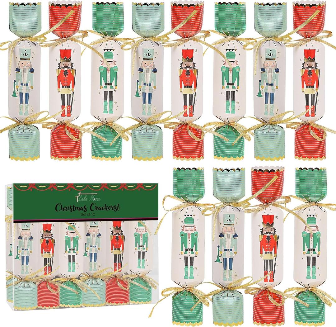 Lulu Home 12 Packs Non-Snap Christmas Crackers Set, Xmas Gift Box Kit for Party Dinner Game Traditions, Nutcracker Patterned, Each 6.5" H x 1.4" Dia