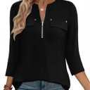 LOMON 3/4 Length Sleeve Womens Tops Business Casual Zip Front V Neck Shirt Loose Fit Work Tunic Blouse (Black, L)