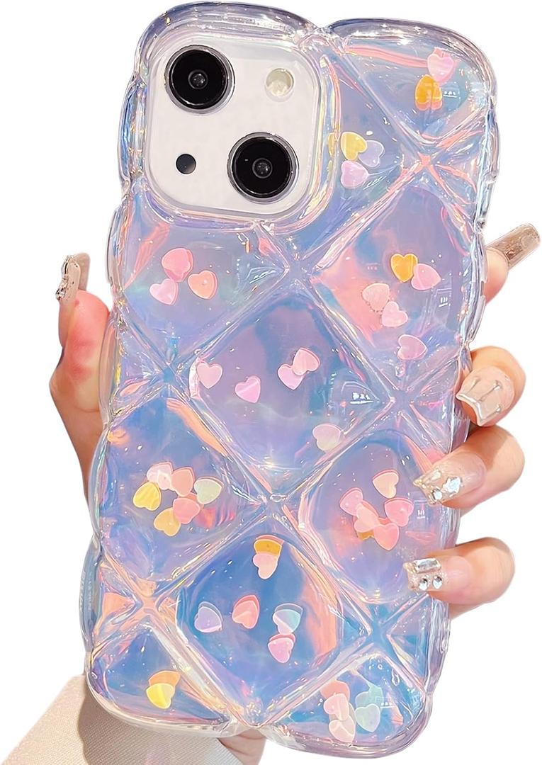 Qokey Compatible with iPhone 13 Case,Cute Laser Gradual Bling Love Heart Glitter Clear+Translucent Card Soft Wave Frame Anti-Falling 3D Thick Shockproof Phone Cover(for 13 6.1")