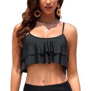 Tempt Me Ruffled Bikini Top Flounce Swimsuit for Women Bathing Suit Top Only (20 Plus, 1 Black)