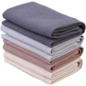PY HOME & SPORTS Dish Towels Set, 100% Cotton Waffle Weave Kitchen Towels 4 Pieces, Super Absorbent Kitchen Hand Dish Cloths for Drying and Cleaning (17 x 25 Inches, Set of 4) (Dark Grey+Grey+Brown+Beige)