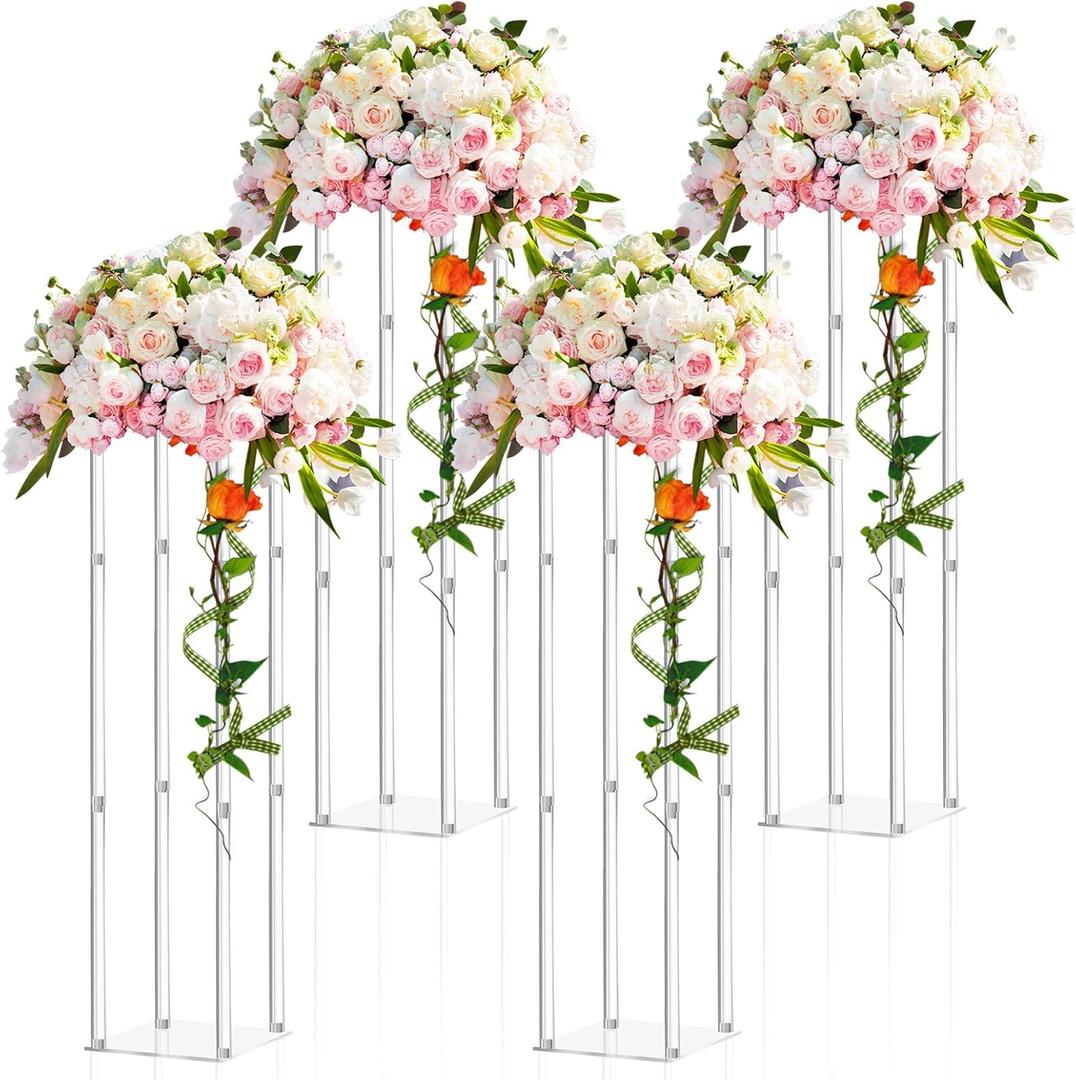 Geetery 4 Pieces Tall Acrylic Vase Wedding Centerpieces Clear Flower Stand Column Geometric Floral Vase Elegant Display Holder for Birthday Party Wedding Table Decorations (35 Inch)