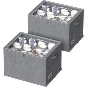 2 Pack Shoe Organizer for Closet - Shoe Storage Bins with Clear Cover, Fabric Shoe Storage Containers with Reinforced Handles, Fits up to 24 Pairs (Grey, 16.5 * 12.6 * 12.2in)
