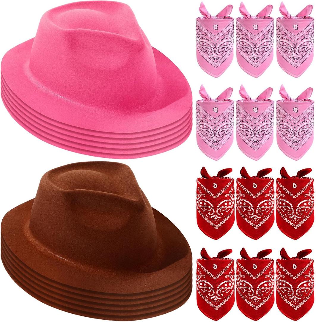 Haysandy 24 Pieces Western Cowboy Hat Set, Felt Cowboy Themed Party Hats with Paisley Bandanas for Kids Costume Party(Brown, Pink, Red), 13 X 11.8 X 3 Inches , 22 X 22 Inches