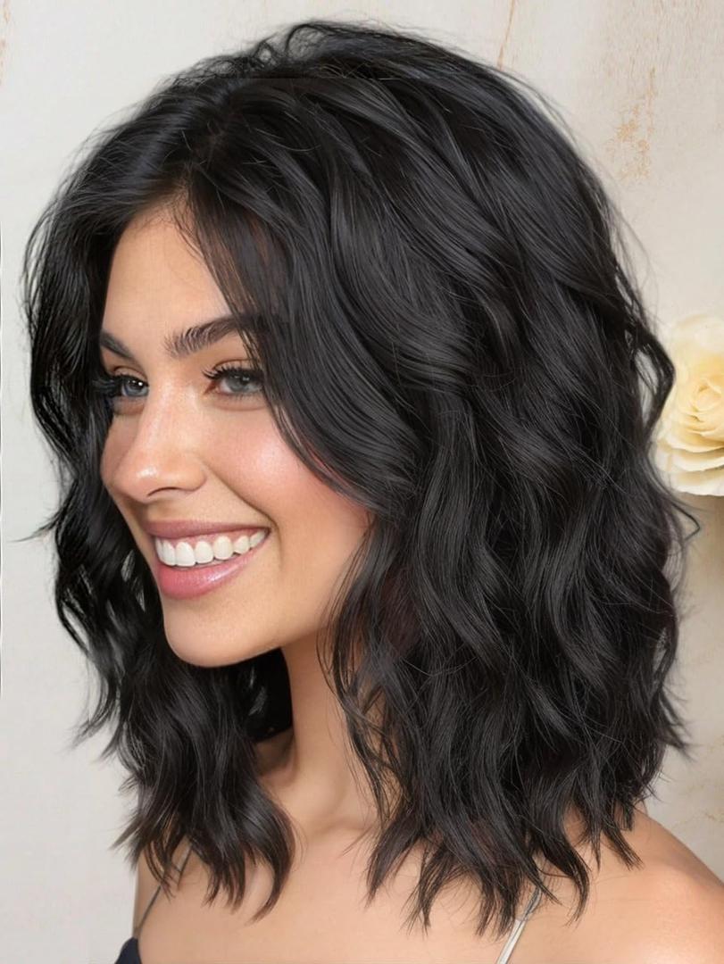 Short brown Shoulder Length Wavy Bob Wigs Human Hair with Pre Cut Lace Middle Part Heat Resistant for Women Daily Party (Black,14 Inch)