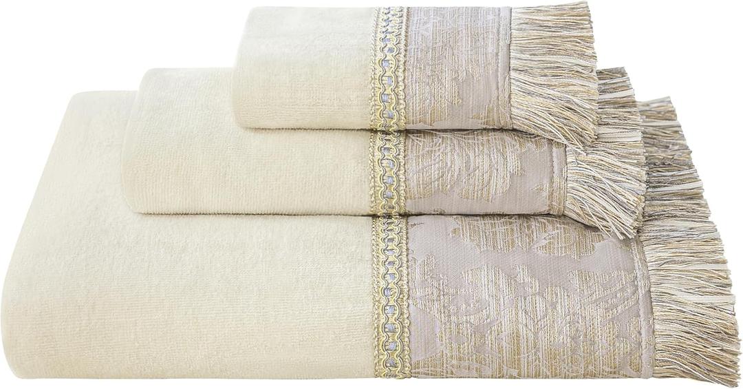 Loom and Mill Luxury Cotton Bath Towel Set 3 Piece-1 Bath Towel 1 Hand Towel 1 Wash Cloth, Ultra Soft Decorative Towel Sets High Absorbent for Bathroom, Elegant Jacquard Design(Ivory-Beige Sliver)