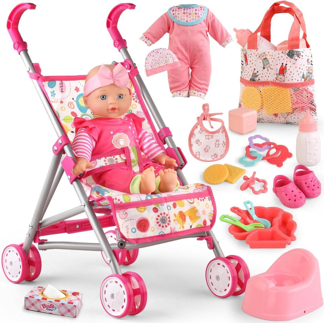 YIYBM Baby Doll with Stroller Set with 12.5" Baby Dolls, Handbag, 2 Sets Doll Clothes and 16 PCS Doll Accessories. Baby Stroller Toys for Toddler Girls Kids Ages 3-5 4-6 for Pretend Play.