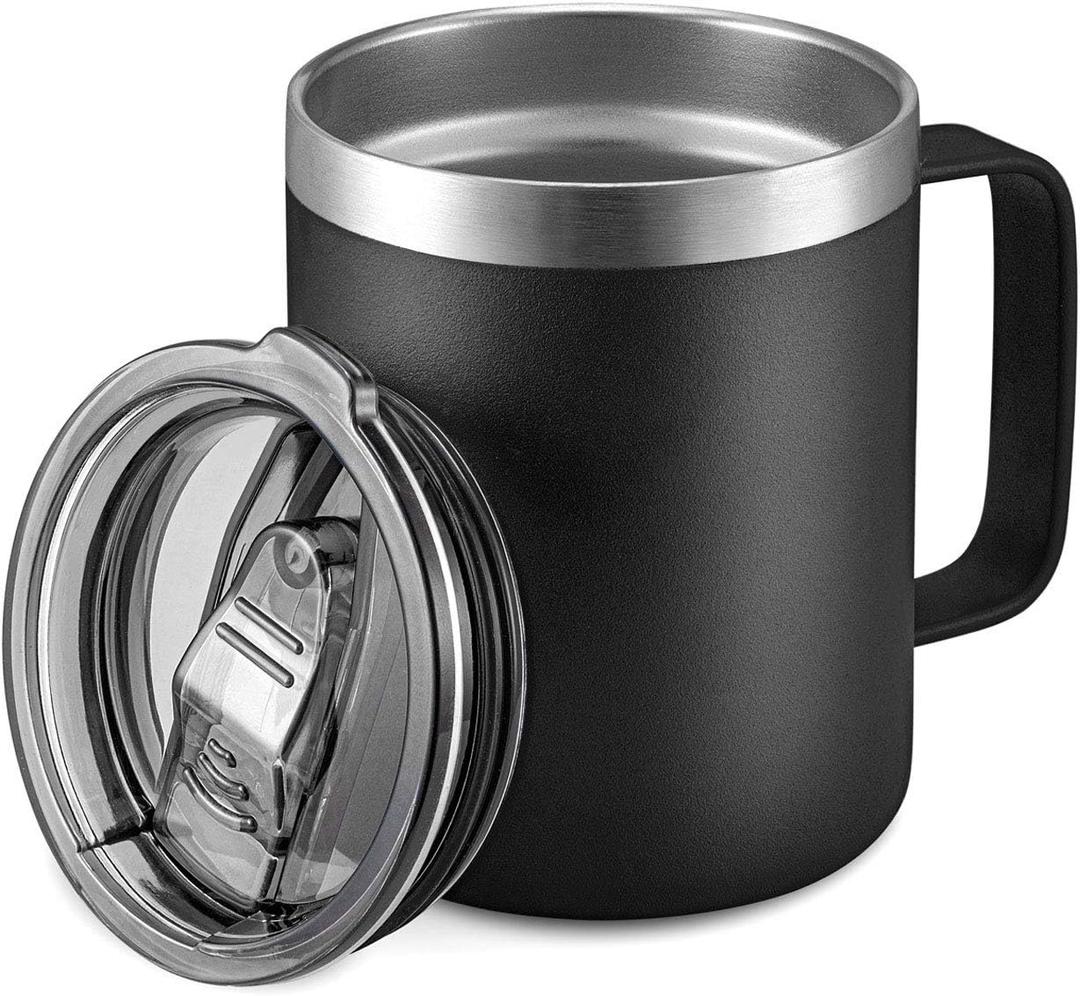 ALOUFEA 12oz Stainless Steel Insulated Coffee Mug with Handle, Double Wall Vacuum Travel Mug, Tumbler Cup with Sliding Lid, Black