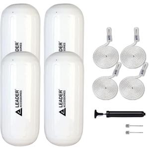 Leader Accessories Boat Fender 4 Pack Boat Bumpers Hole Through Middle Ribbed Inflatable Includes 3/8'' Fender Lines Pack od 4 and Pump to Inflate