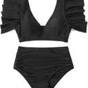 IFFEI Mommy and Me Family Matching Swimsuits Ruffle Sleeve Tie Back Womens Bathing Suit Two Piece Bikini Sets (Black, M)