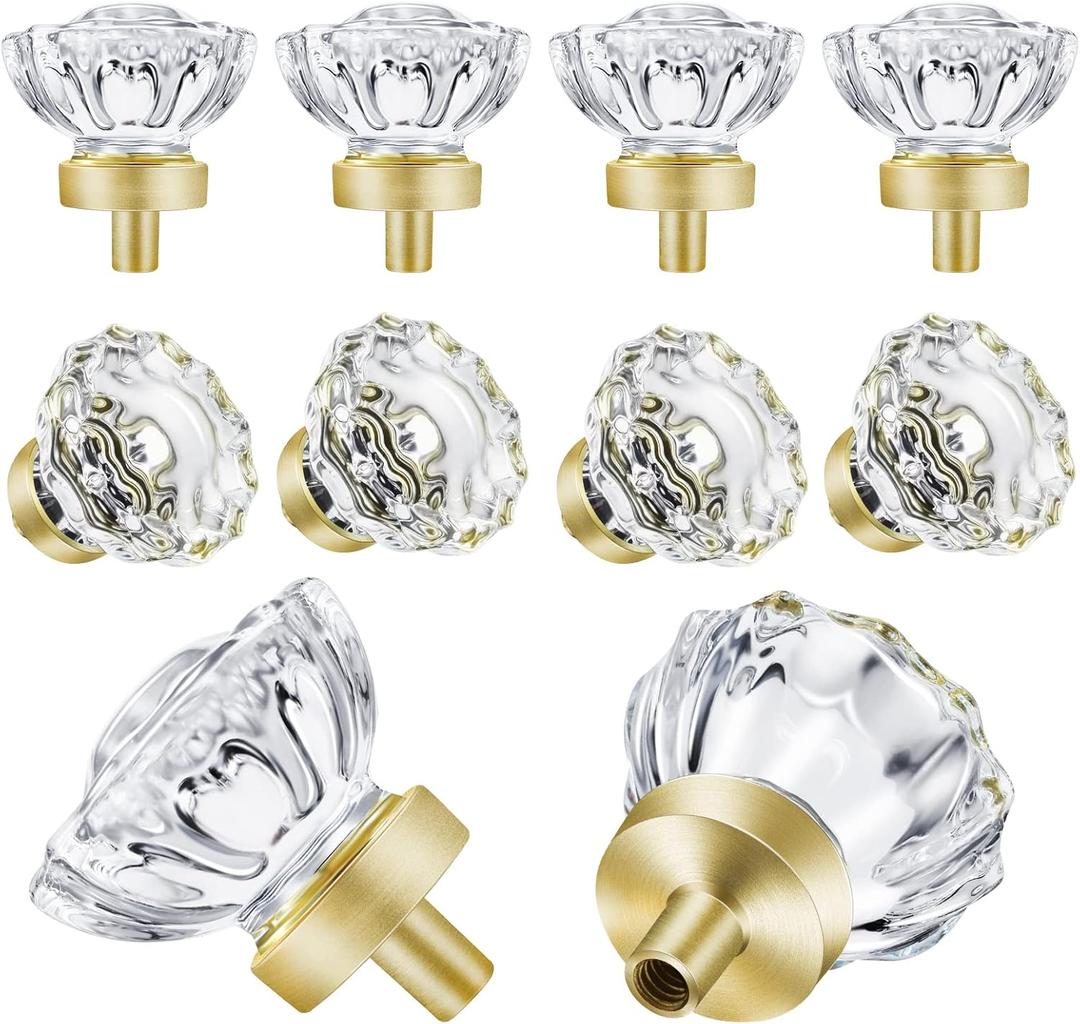 8 Pack Satin Brass Knobs and Pulls for Cabinet, Crystal Gold Cabinet Hardware Vintage, Glass Knobs and Pulls for Dresser Drawer, Kitchen Bathroom