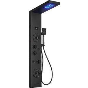 BWE Shower Panel with LED Rainfall Waterfall Shower 6-Function Faucet 4 Mist Jets 2 Body Sprays with Handheld and Waterfall Tub Spout Shower Tower System Matte Black