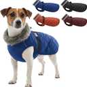 Winter Jacket for Medium Small Dogs, Waterproof Dog Coat with Fur Collar, Reflective Fleece Lined Doggy Clothing with Elastic Strap, Cold Weather Pet Outfits, Boy & Girl Puppy Overalls, XXL