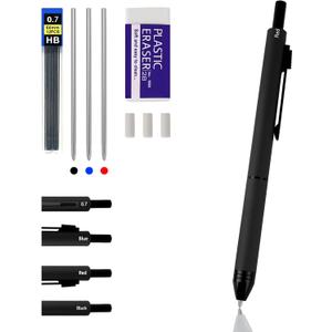 4-in-1 Four-Color Multifunctional Pen, Black/Red/Blue Ballpoint Pen and 0.7mm Mechanical Pencil, Metal Case Pen, Great Gift for Friends, Loved Ones (Black)
