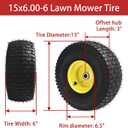 15x6.00-6 Lawn Mower Tires, Yellow Wheel,15x6-6 Front Tire -3" Offset Hub,3/4" Bushing Replacement for Craftsman/John Deere/Cub Cadet Riding Mowers,4 Ply Tubeless (2 PACK)