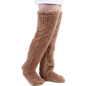 LAPLUIE Over Knee High Fuzzy Socks Plush Slipper Stockings Furry Long Leg Warmers Winter Air-Conditioned Home Sleeping Socks (Brown)