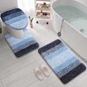 Arotive Microfiber Bathroom Rugs 3 Piece with Toilet Lid Cover, Shaggy Soft and Absorbent Bath Rug, Non-Slip, Machine Washable Bath Mats for Bathroom24x16+24x20+17.5x15, Blue