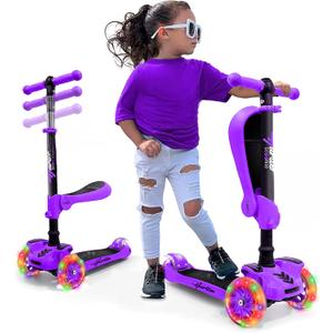 Hurtle 3-Wheeled Scooter for Kids - Wheel LED Lights, Adjustable Lean-to-Steer Handlebar, and Foldable Seat - Sit or Stand Ride with Brake for Boys and Girls Ages 1-14 Years Old