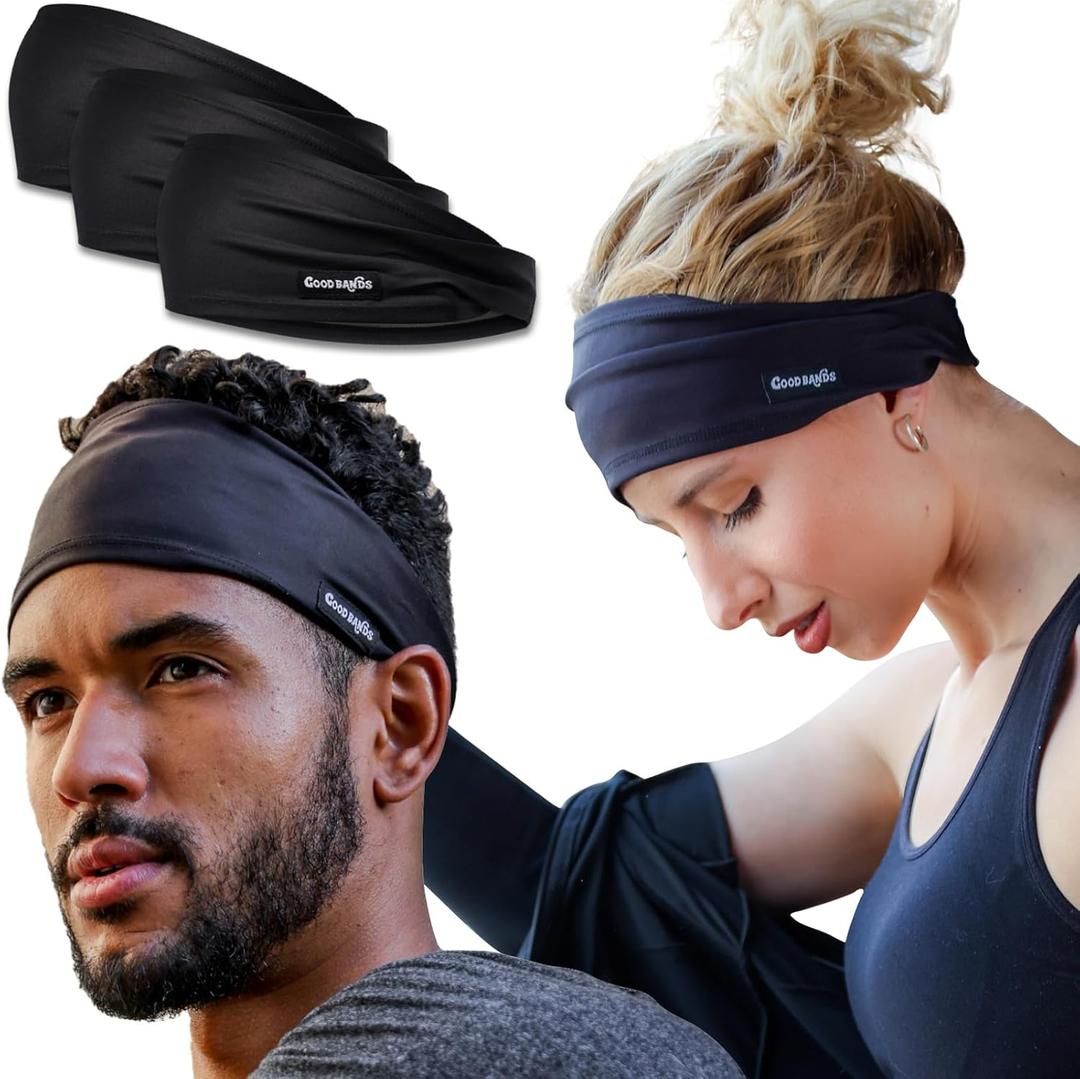 Sweatband for Men and Women - Unisex Non Slip Headband That Wicks Moisture and Eliminates Excess Sweat - Durable & Long-Lasting - Running, Sports, Gym (Pack of 3, Black)