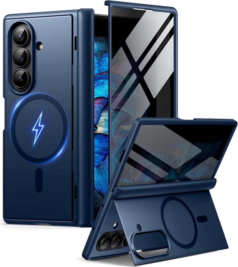 BERFY for Samsung Galaxy Z Fold 7 Case with Privacy Screen Protector, [Compatible with MagSafe][Anti Spy] Built-in Hidden Kickstand, Full-Body Shockproof Slim Phone Case for Z Fold 7, Blue