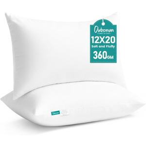 Oubonun 12 x 20 Throw Pillow Inserts - Soft, Plush & Decorative Down Alternative Pillows for Couch Sofa Bed, Machine Washable - White, Pack of 2