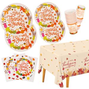 Gatherfun Thanksgiving Table Decorations Fallen Leaves Disposable Paper Plates Napkins Cups with Waterproof plastic Tablecloth for Happy Thanksgiving Dinner Party Fall Party Decorations Serve 25