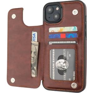 ONETOP Compatible with iPhone 15 Plus Wallet Case with Card Holder, PU Leather Kickstand Card Slots Case, Double Magnetic Clasp and Durable Shockproof Cover 6.7 Inch (Brown)