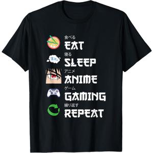 Eat Sleep Anime Gaming Repeat Kawaii Otaku Anime Manga T-Shirt M