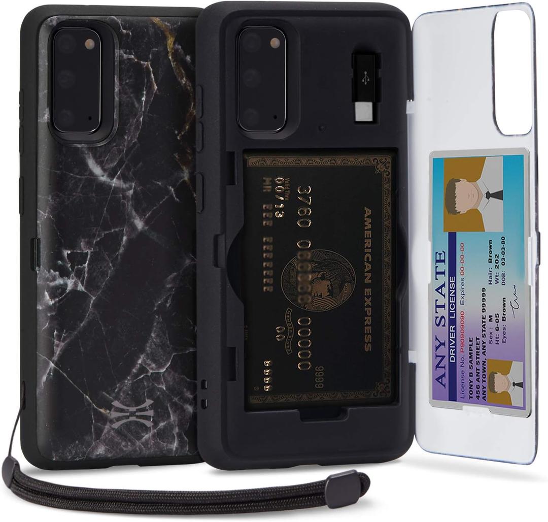 TORU CX PRO Case for Galaxy S20, with Card Holder | Slim Protective Cover with Hidden Credit Cards Wallet Flip Slot Compartment Kickstand | Include Mirror, Strap, USB Adapter - Marble