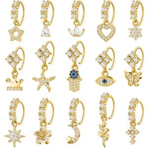 Bonuci 15 Pcs Dangle Nose Rings Hoops Heart Dangle Nose Rings Cartilage Earring Dangling Piercing Jewelry for Women(Gold)