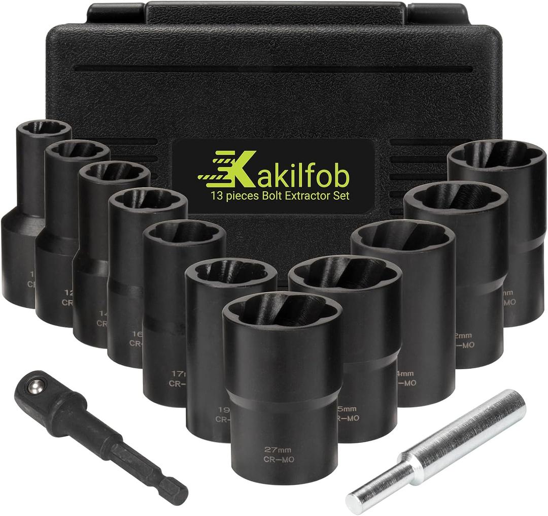 Lug Nut Extractor Twist Socket Set, 13 Pieces Wheel Lock Removal Kit, for Removing Damaged, Frozen, Rusted, Nuts & Screws, Cr-Mo Steel